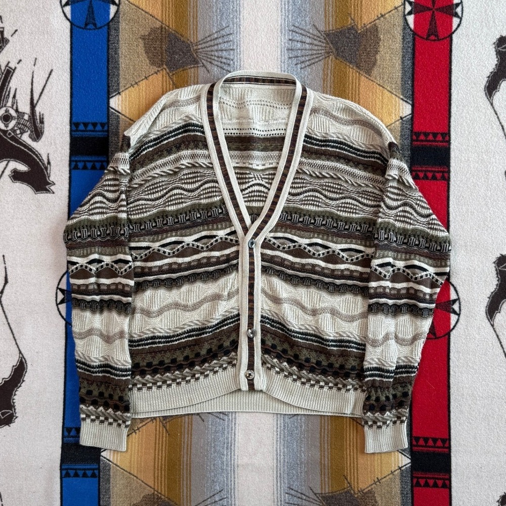 Vintage 3D Knit Cardigan Sweater Coogi Style Abstract Earth Tone Men Large